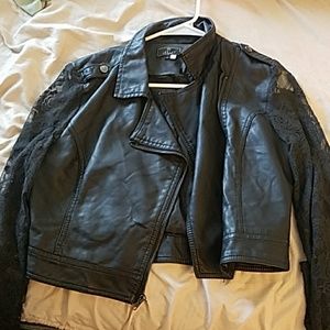 Faux leather jacket with lace sleeves